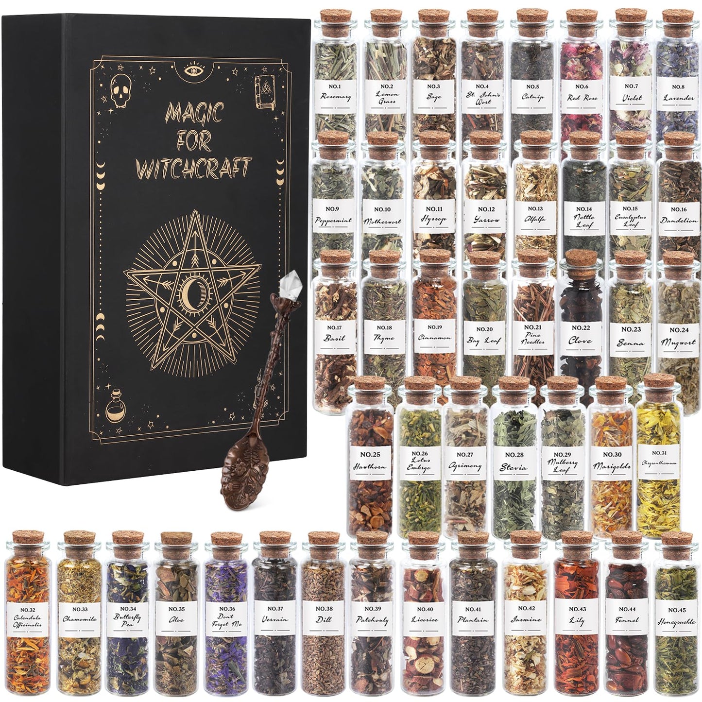 45-Bottle Dried Herbs Kit for Witchcraft, Wicca Altar and Magic Spells