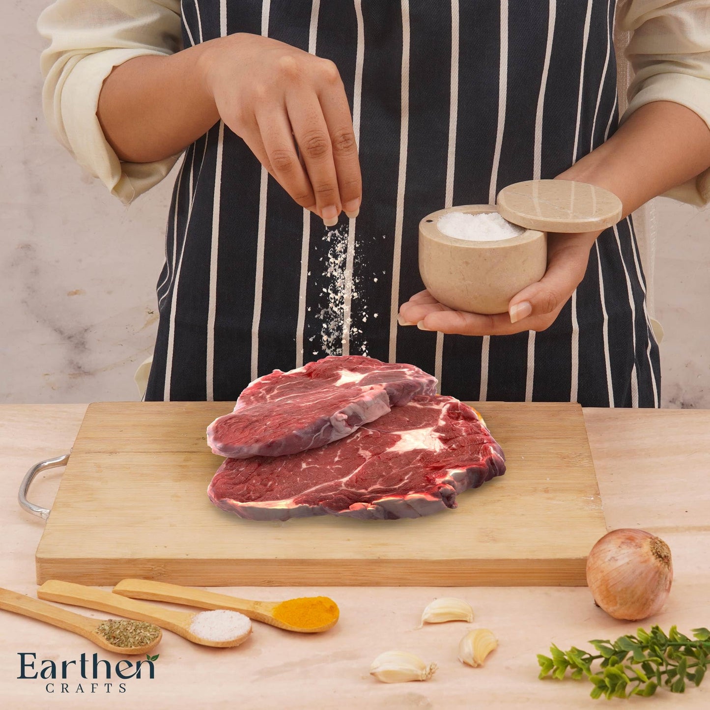 EARTHEN CRAFTS Marble Salt Cellar with Swivel Lid 3 Inch Beige Stone Mini Salt Box for Kitchen Counter with Magnetic Closure, 2.5 OZ Capacity, Ideal for Kosher Salt and Gourmet Seasonings