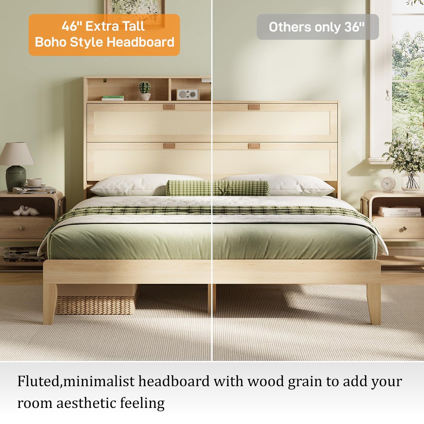 VINGLI Full Size Platform Bed Frame with Storage Headboard and Charging Station, Modern Rattan Wood Bed with Shelves,Space Saving Bed Frame for Bedroom or Guest Room