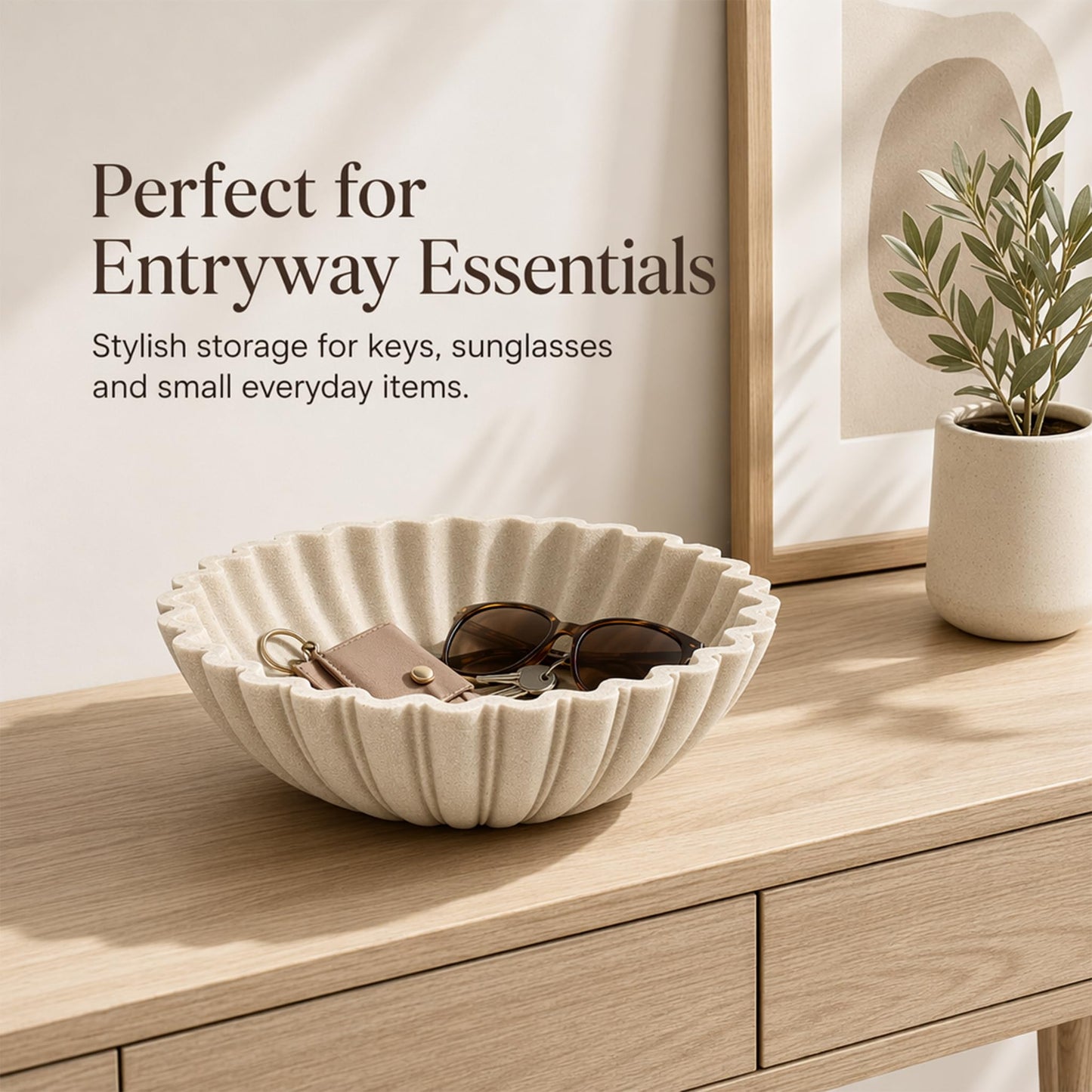 HFWDGTAO Decorative Bowl for Home Decor, 10.6" Large Modern Beige Scalloped Fruit Bowl for Coffee Table, Entryway Table, Kitchen Counter, Centerpiece for Keys or Candy