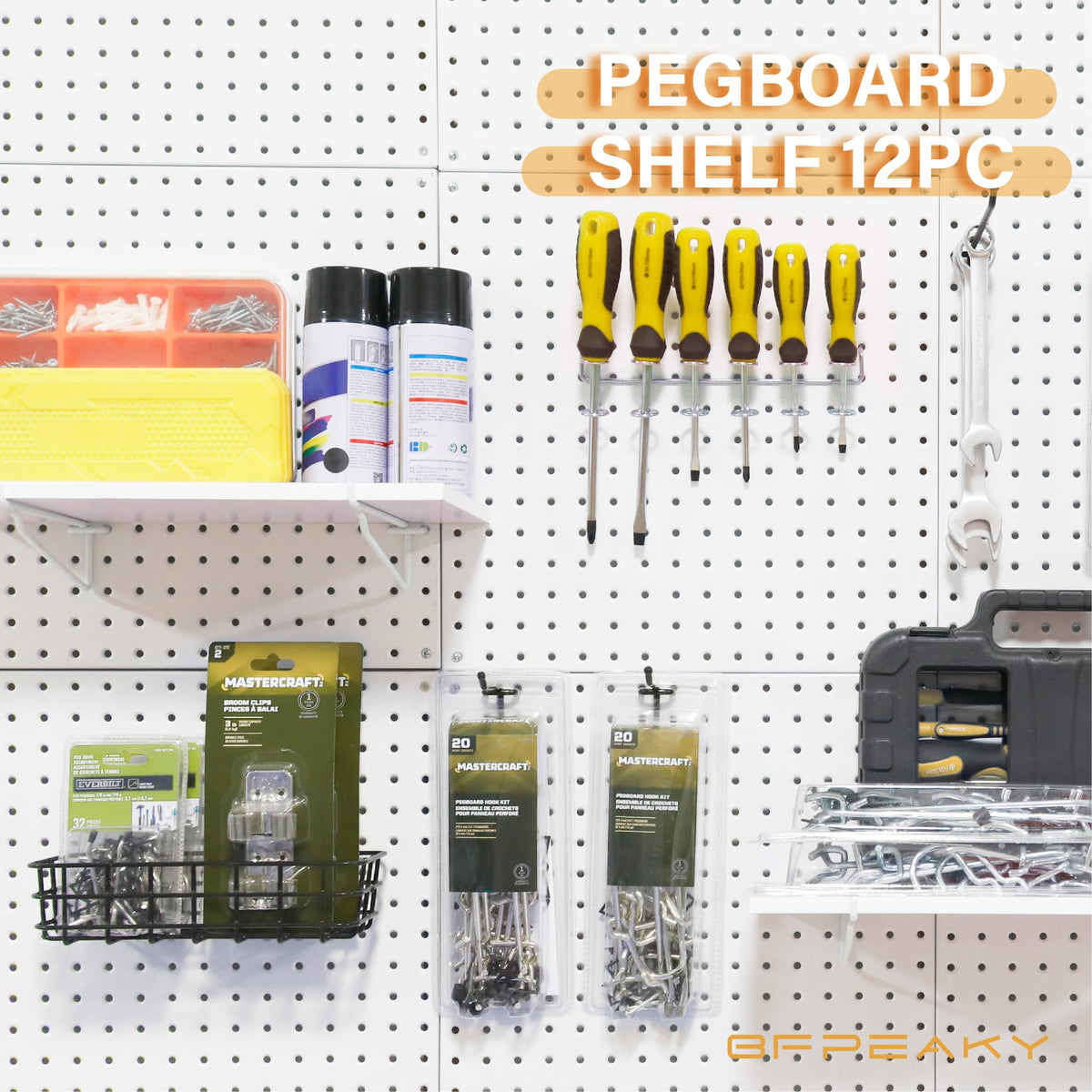 BFPeaky White Pegboard Shelf Set, 4 pcs, 8" x 16"