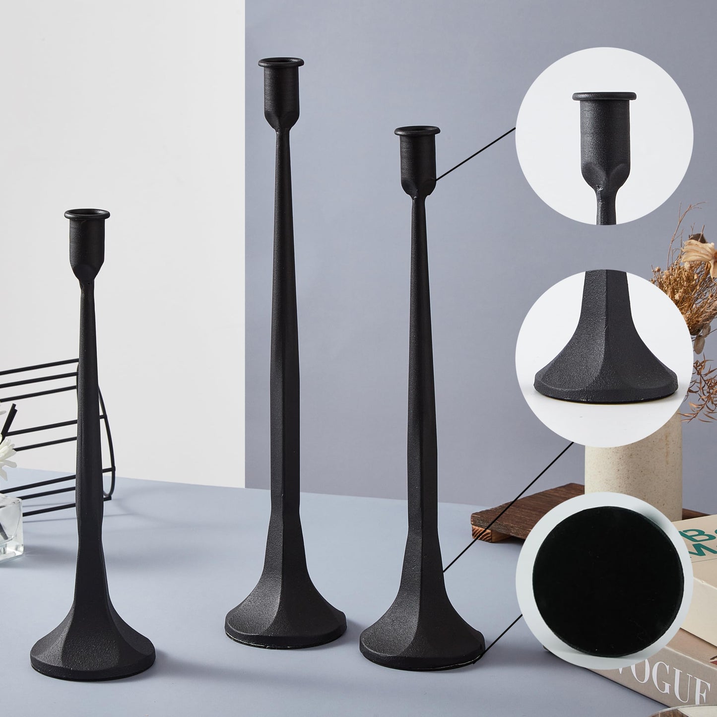 Denique Iron Taper Candle Holder Set of 3, Black Candlestick Holders 19.3”17” 14” Heightening Decorative Candle Stand Set for Wedding, Dining Table, Home Decoration (Black)
