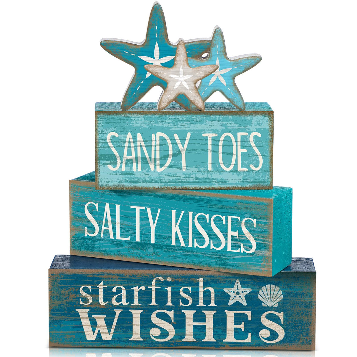 Yuntau 4 Pcs Summer Table Decorations Beach Tiered Tray Decor Starfish Coastal Rustic Wooden Block Sign Stacked Book Nautical Table Centerpiece for Farmhouse Home Living Room Office Desk Shelf Mantel