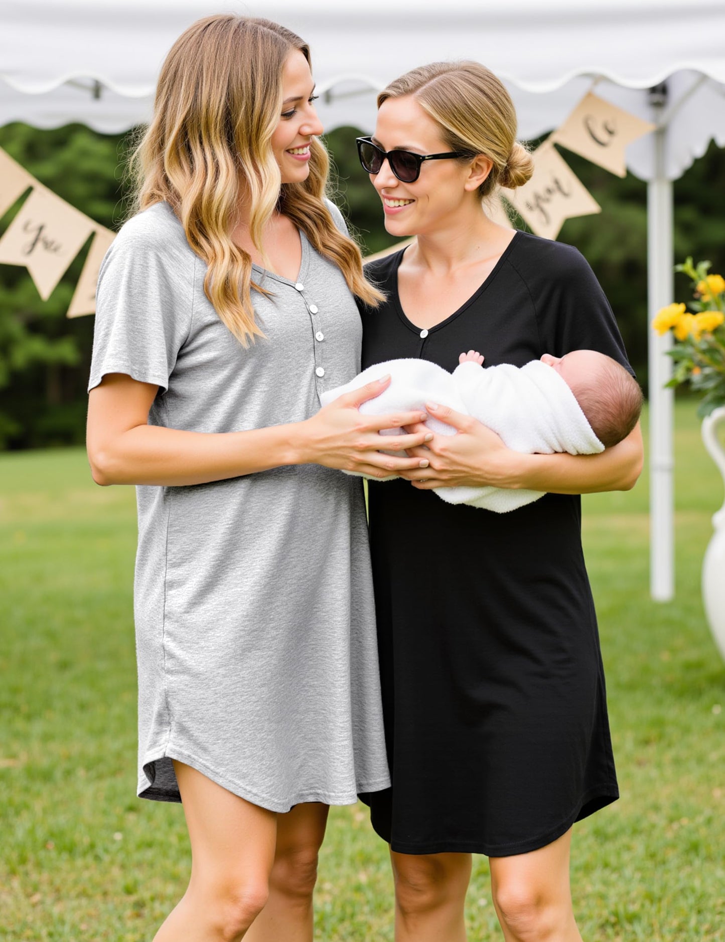 Uniexcosm Women's Maternity Nightdress Button Breastfeeding Nightwear Soft Nursing Nightgown for Pregnancy Short Sleeve Maternity Pyjamas Loungewear Black