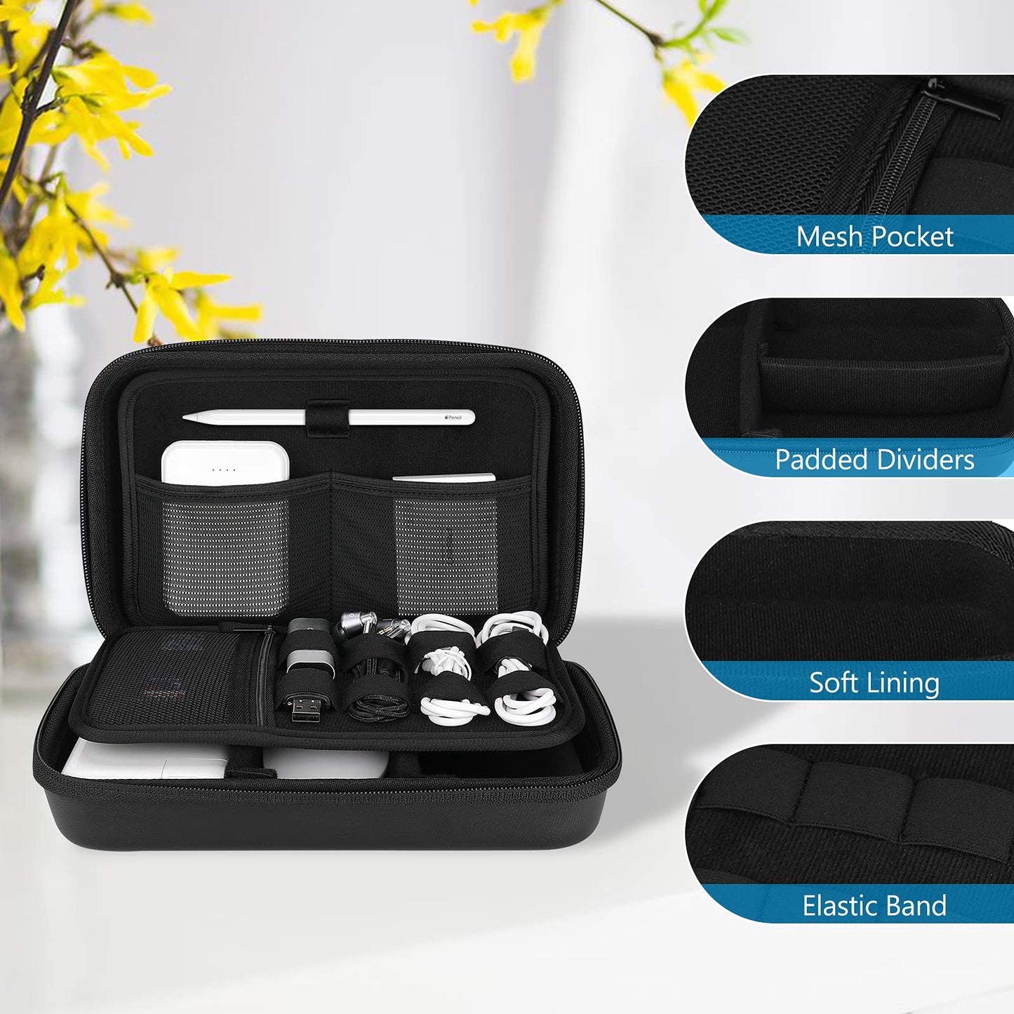 ProCase Hard Travel Electronic Organizer Case for MacBook Power Adapter Chargers Cables Power Bank Apple Magic Mouse Apple Pencil USB Flash Disk SD Card Small Portable Accessories Bag -Black