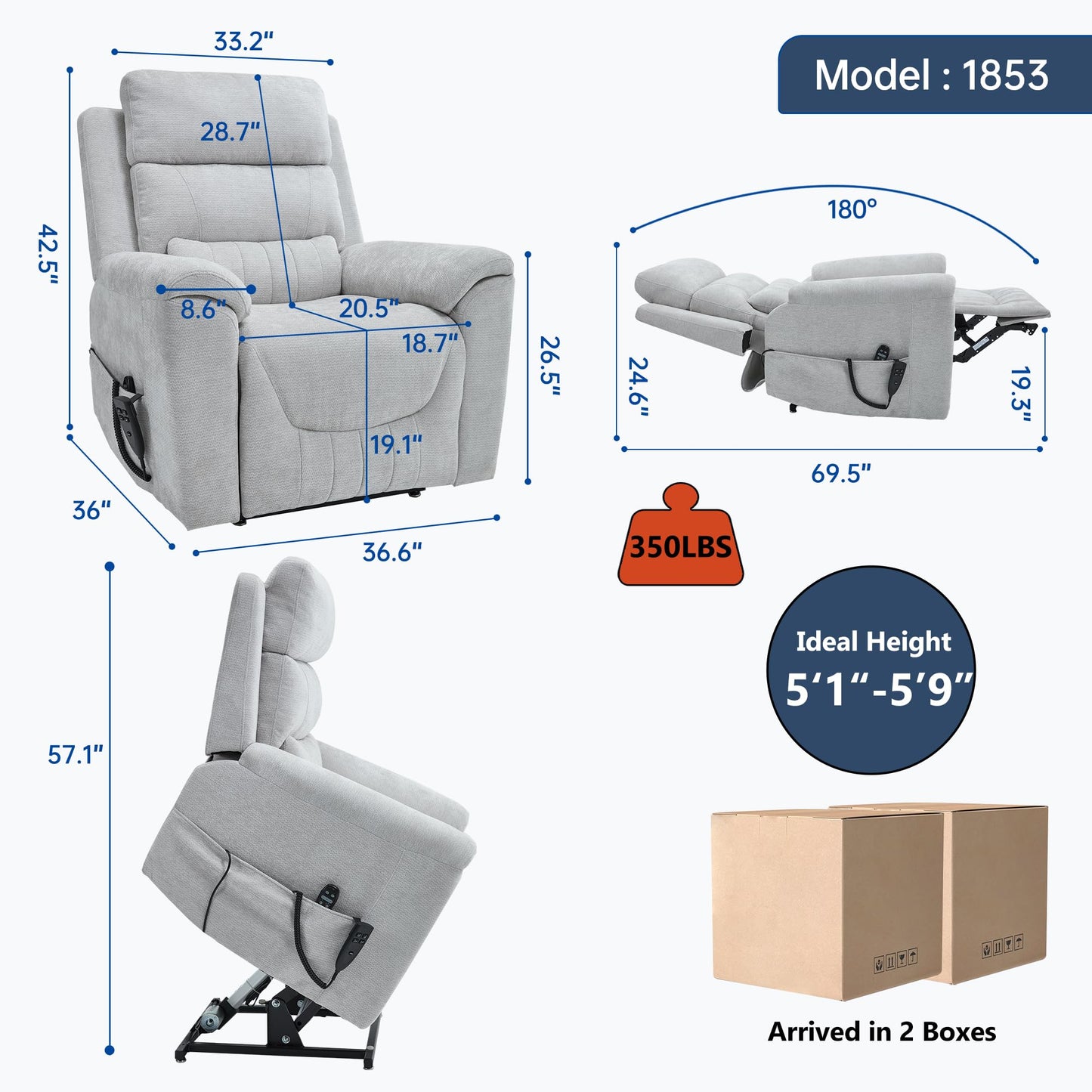 KEIKI Dual Motor Power Lift Recliner Chair with Massage & Heat, Leatherair Upholstery, Heavy Duty Motion Mechanism, Pillow Back & Arms, 8-Point Vibration, Lumbar Heating, American Style, Light Grey