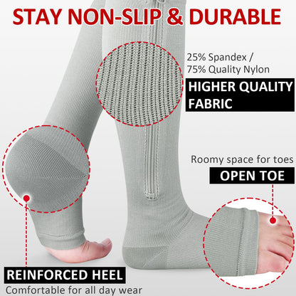 Ailaka 3 Pairs Compression Socks with Zipper, 15-20 mmHg Medical Knee High Compression Socks for Men Women, Open Toe Socks for Varicose Veins, Edema, Recovery