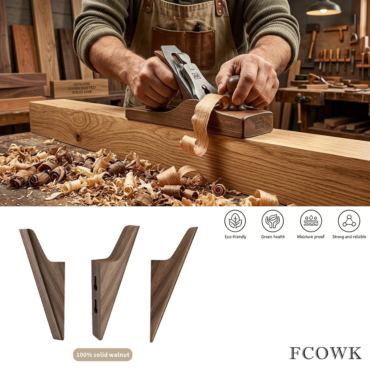 FCOWK Walnut Wood Wall Hooks - 4 Pack, Heavy Duty Coat Hooks Wall Mount for Entryway, Bathroom & Bedroom. Minimalist Wooden Wall Hooks for Hanging Coat, Hat, Bag, Towel, Backpack (Light Walnut)