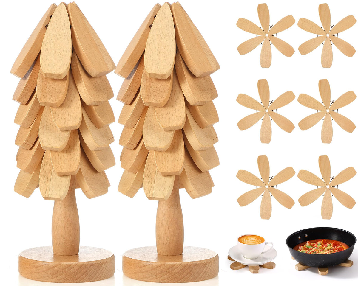 Yerliker Tree Coasters Set of 12, Wooden Trivets for Hot Dishes, Stackable Trivet Set with Stand, Foldable Beech Wood Tree Table Mat Coaster Holder for Kitchen Counter Pots Pans Plates Pad