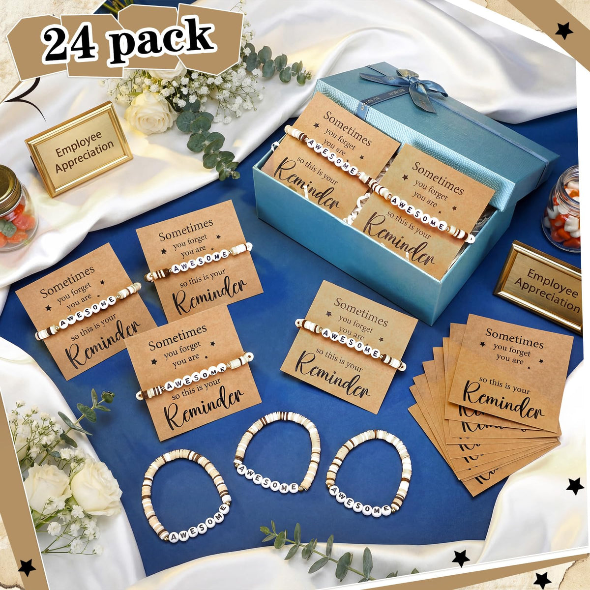 Huquary 24 Set Employee Appreciation Bracelets Team Gift Bulk Sometimes You Forget You Are Awesome Bracelets with Card Motivational Party Favor for Coworker Teacher Doctor Nurse Social Worker Gift