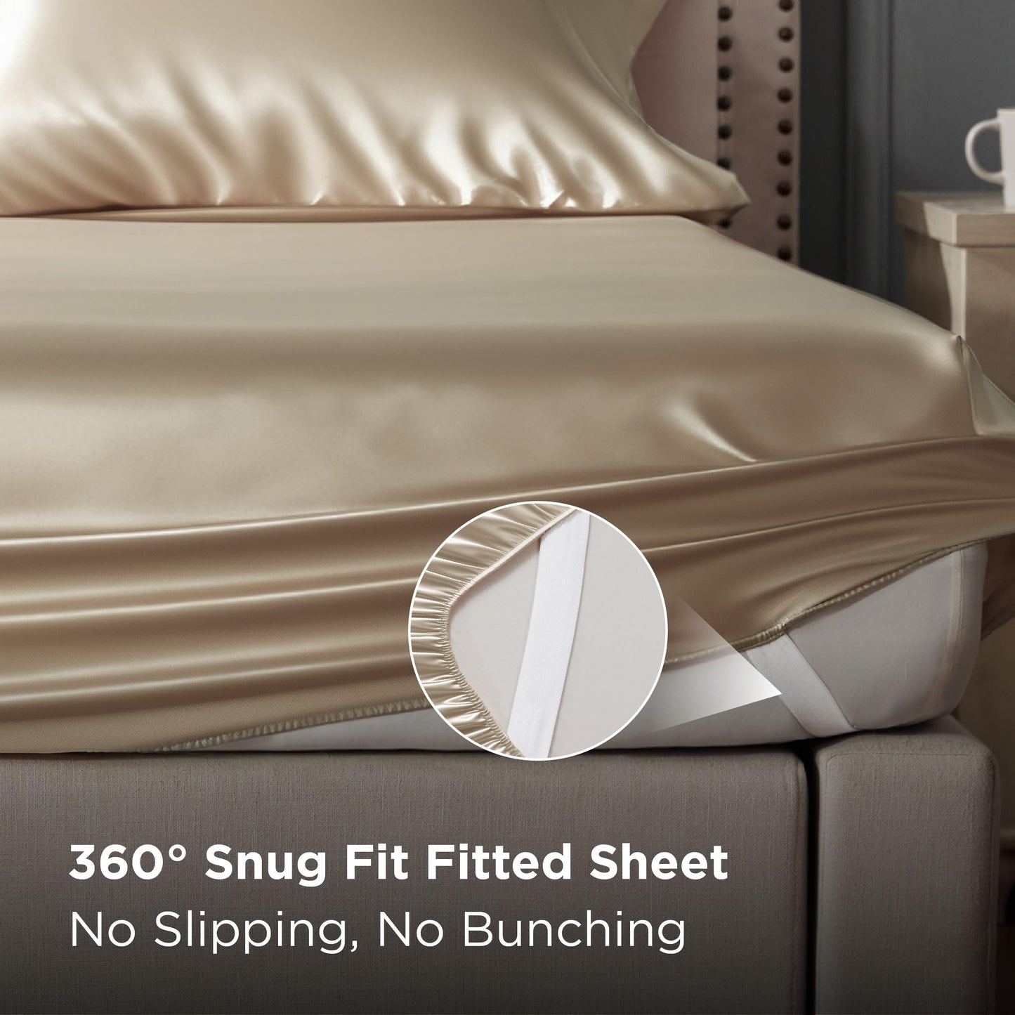 Bedsure Satin Sheets Full Size - 4 Piece Silky Bedsheets with 15 Inches Deep Pocket Fitted Bedsheet,1 Flat Sheet, 2 Satin Pillowcases, Good for Hair & Skin (Full, Champagne)