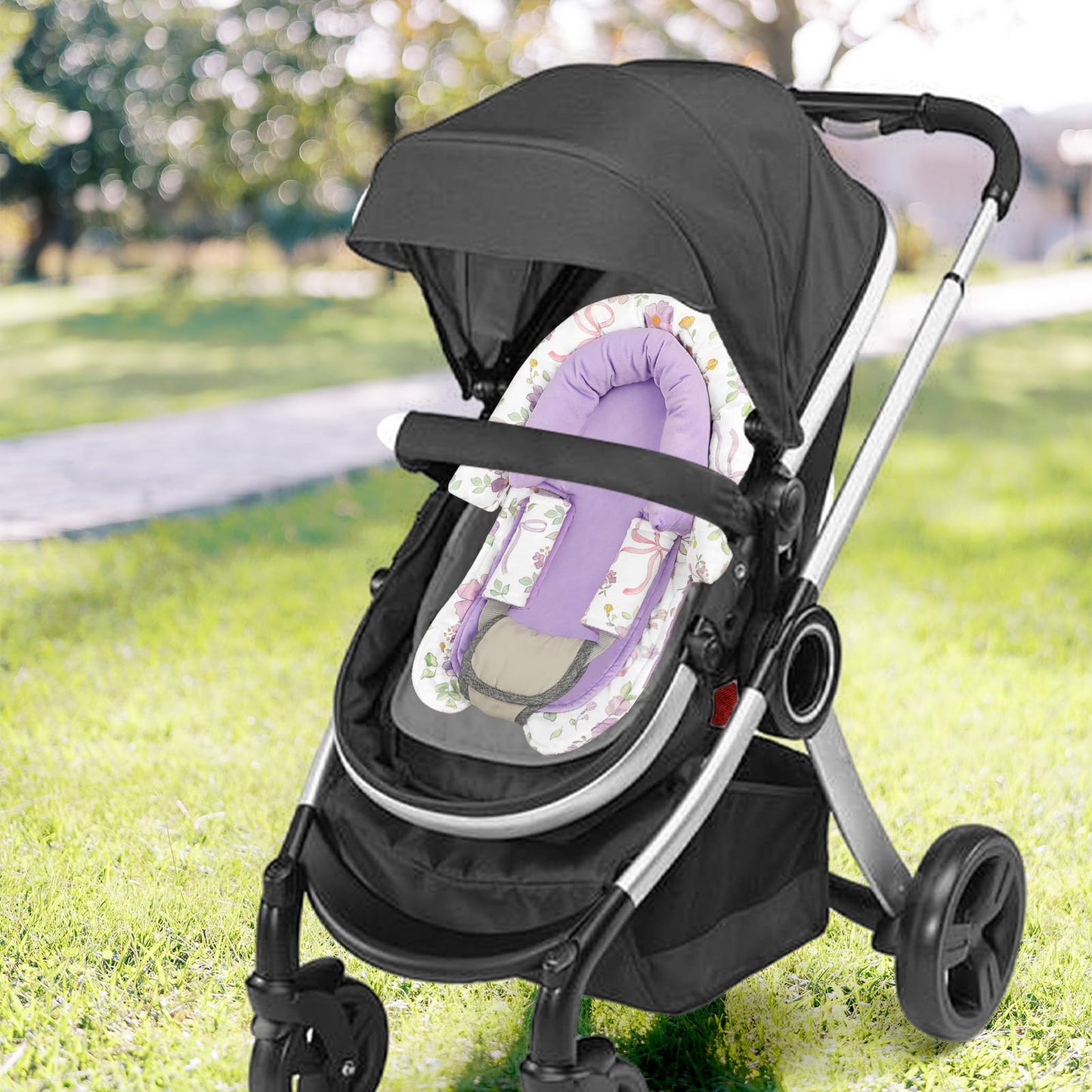 SWESEN Infant Car Seat Insert & Strap Covers, Car Seat Head Support for Baby Girls, 2 in 1 Soft Plush Car Seat Insert for Newborns, for Infants Aged 0-12, Purple Bow