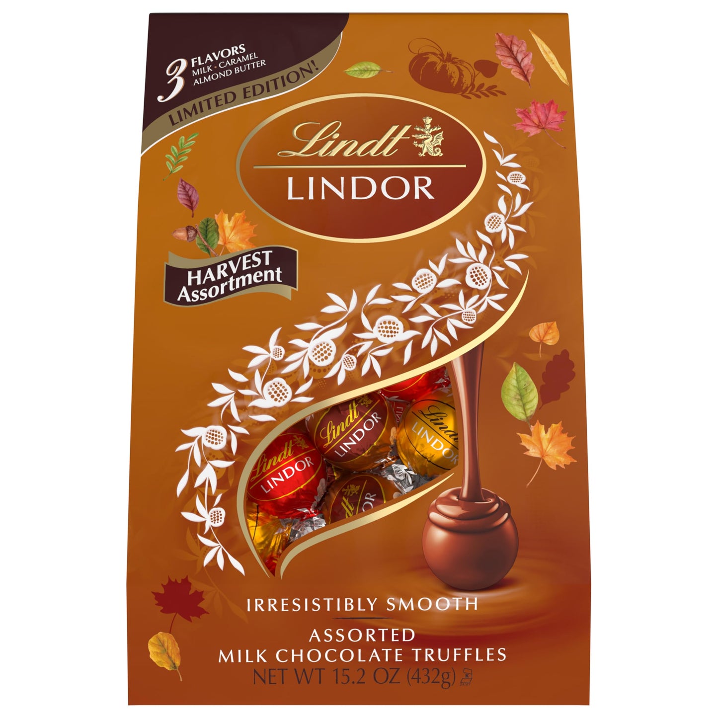 Lindt LINDOR Harvest Milk Assorted Chocolate Candy Truffles, Chocolates with Smooth, Melting Truffle Center, 15.2 oz. Bag
