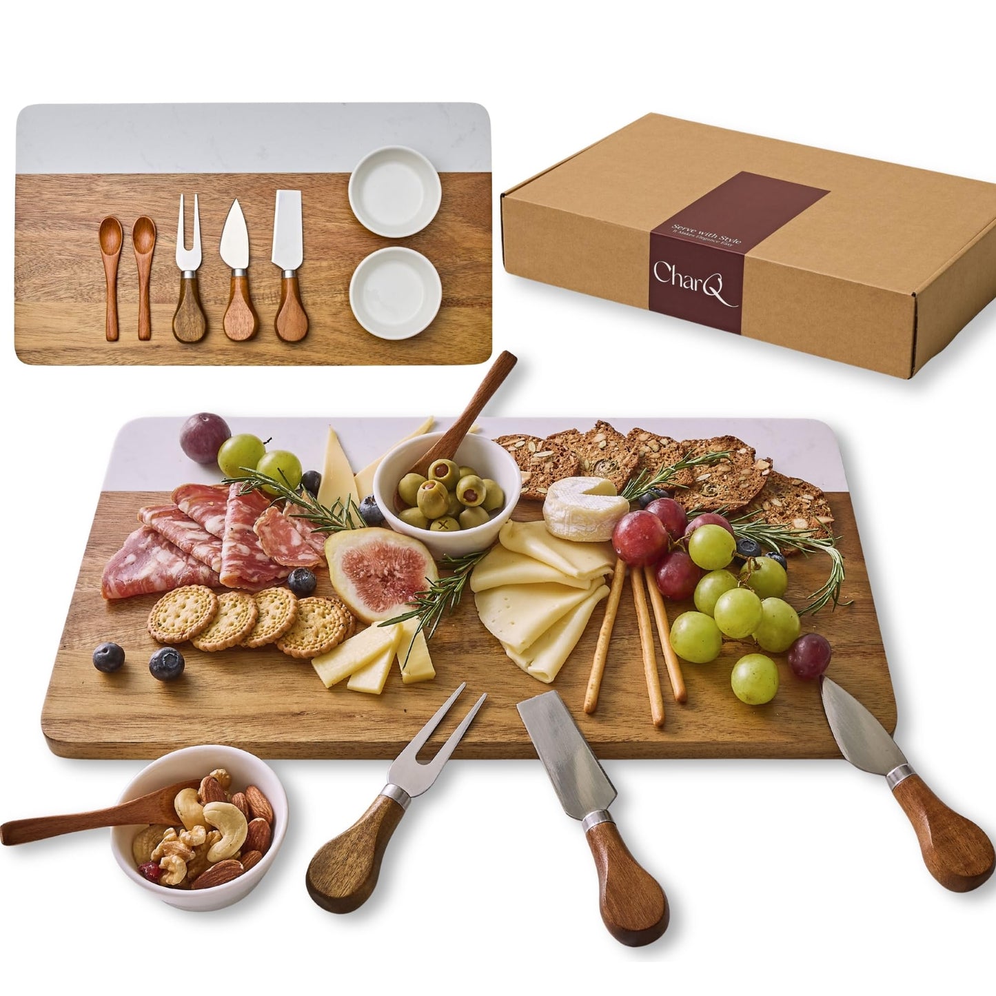 CharQ Charcuterie Board Set - Marble & Acacia Wood Cheese Board and Serving Board Platter, Charcuterie Boards Gift Set for Hosting, Wedding and Housewarming, Bridal Shower Marble Serving Tray