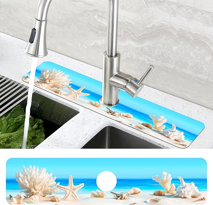 Tropical Beach Seashells Kitchen Sink Splash Guard Absorbent Fast Drying Mat