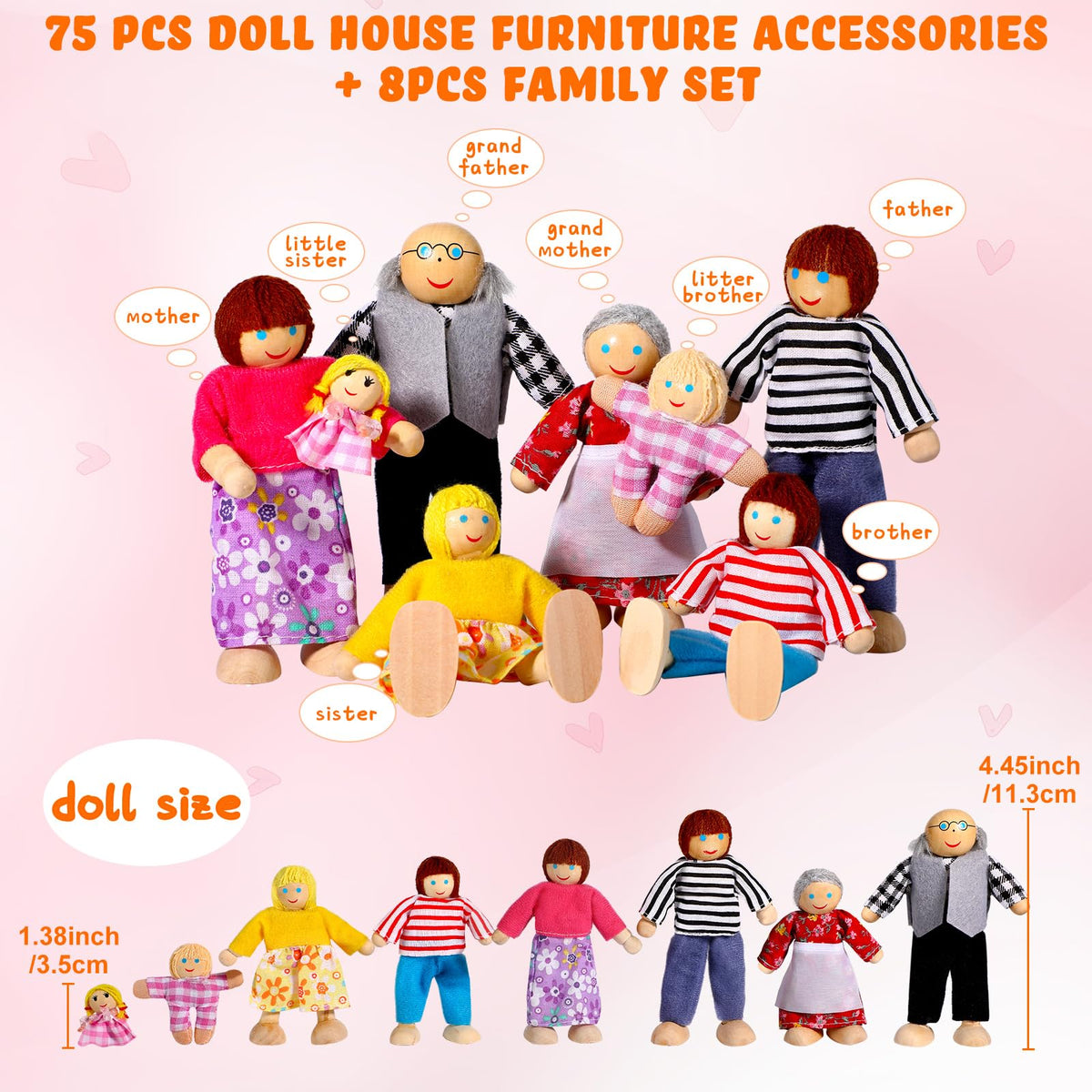HyDren 83 Pcs Wooden Plastic Dollhouse Furniture Set with 8 Flexible Dolls for 5 Rooms Kits Kitchen Dining Living Room Bedroom Bathroom Modern Dollhouse Accessories and Furniture Toys for Girl Boy