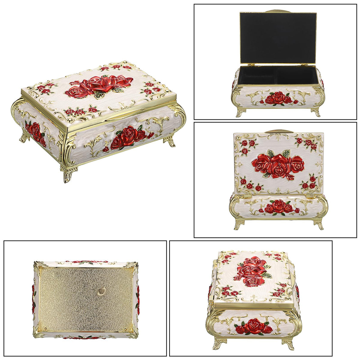 ELLDOO Vintage Music Box, Beige Metal Musical Jewelry Box Keepsake Box, Small Trinket Jewelry Storage Box Gift for Girl Women (Tune: You are My Sunshine), Red Rose Pattern