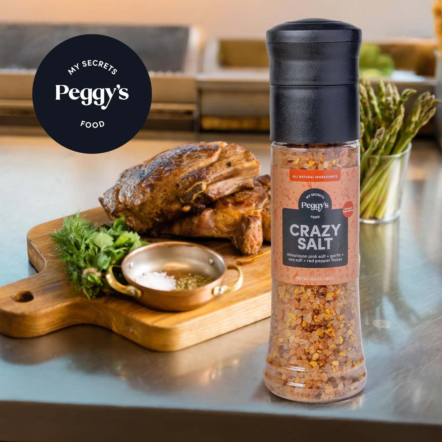 My Secrets Peggy’s Food Crazy Salt Himalayan Pink Salt - Fine Grain Gourmet Seasoning with Sea Salt, Garlic and Red Pepper Flakes, Natural Salt Mix for Cooking, Seasoning, Grilling, Baking, Table Use, No Additives, Premium Flavor, 13.5 oz