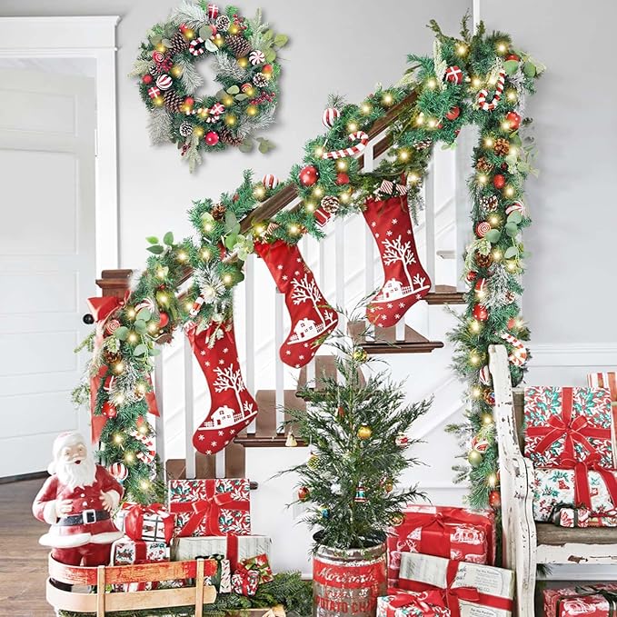 WANNA-CUL Pre-Lit 24 Inch Lighted Christmas Wreath for Front Door Red White Christmas Door Wreath Decoration with Ball Ornaments, Candy Canes,Eucalyptus Leaves, Battery Operated 30 LED Lights