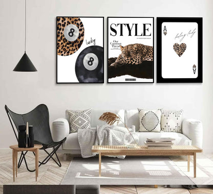Trendy Leopard Set of 3 Canvas Wall Art Preppy Room Aesthetic Cheetah Cheetah posters Prints Funky Lucky 8 Ball Wall Decor Pictures for Girls Bedroom Apartment Dorm Unframed Decoration