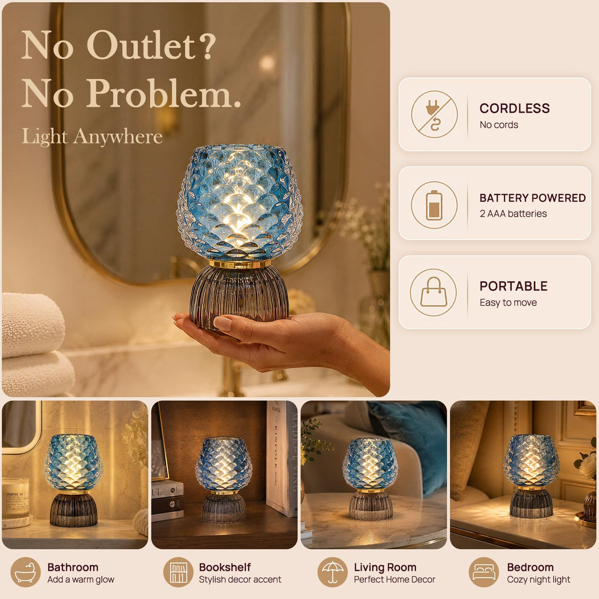 SisiHokai Battery Operated Lamp with Timer, Cute Small Cordless Glass Table Lamp for Home Decor, Kitchen, Bathroom, Birthday Gift for Women, Pinecone, Blue
