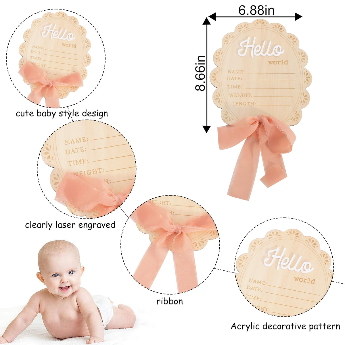 Girls Hello World Wood Sign - Newborn Birth Announcement Plaque, Scallop Edge Wooden Sign Disc, Hospital Name Welcome Baby Photo Props, Baby Shower Keepsake Gifts
