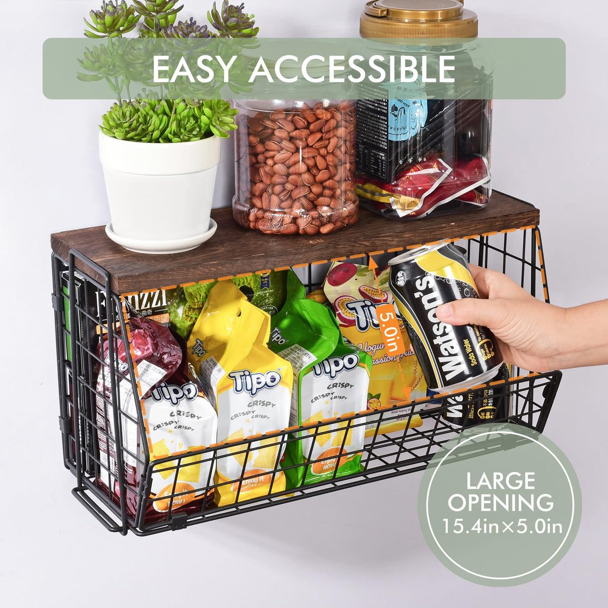 Wall Storage Hanging Baskets 2 PACK - Wooden Top Wire Basket Organizers & S Hooks - Assemble Floating Shelf Racks for Pantry Kitchen Office Bathroom Garage Organization (Extra Large)