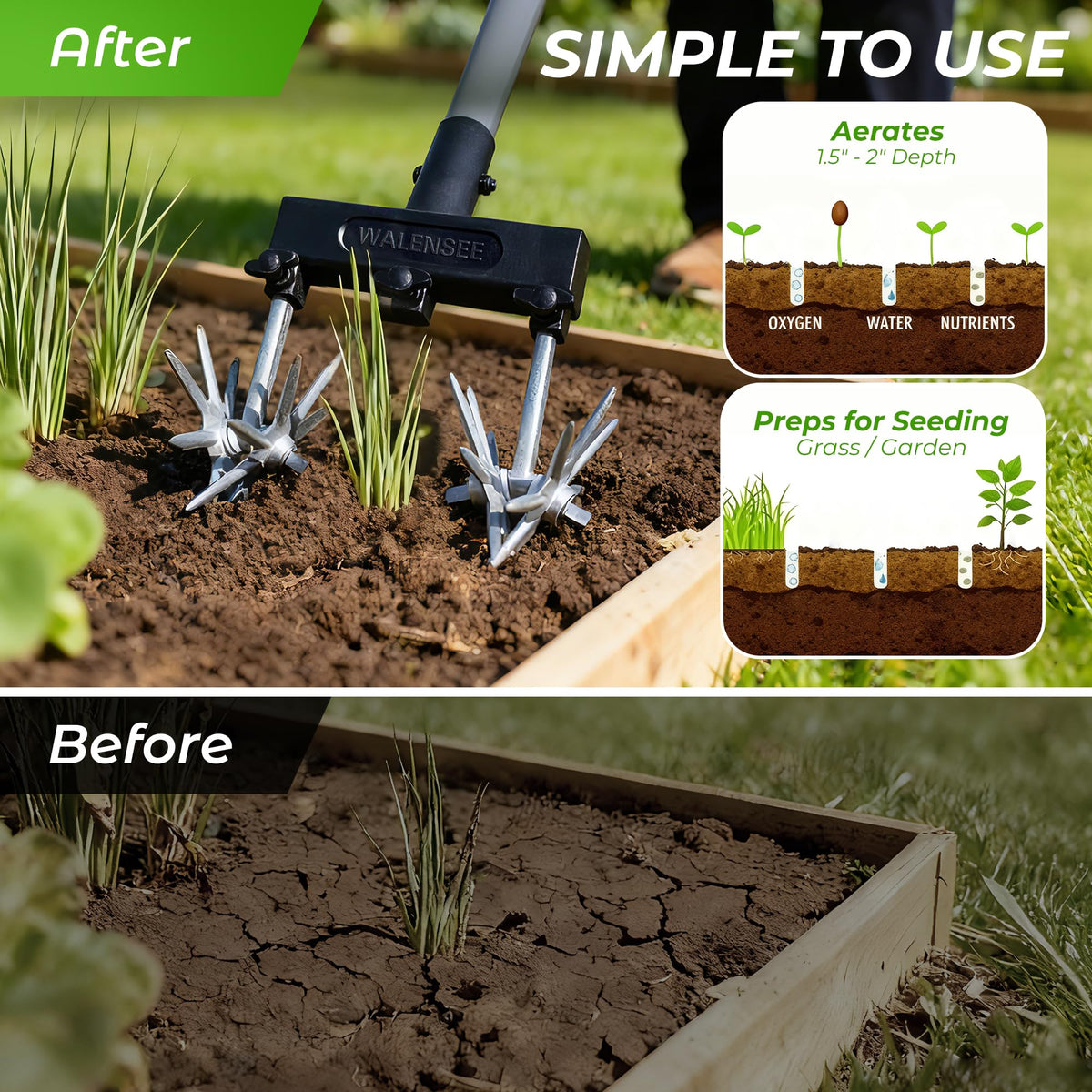 Walensee Rotary Cultivator Garden Tool, Adjustable Hand Tiller with Long Handle, Manual Soil Crusher for Breaking Up Clods, Seedbed Prep, Reseeding, Aerating Raised Beds, Garden, Yard & Lawn