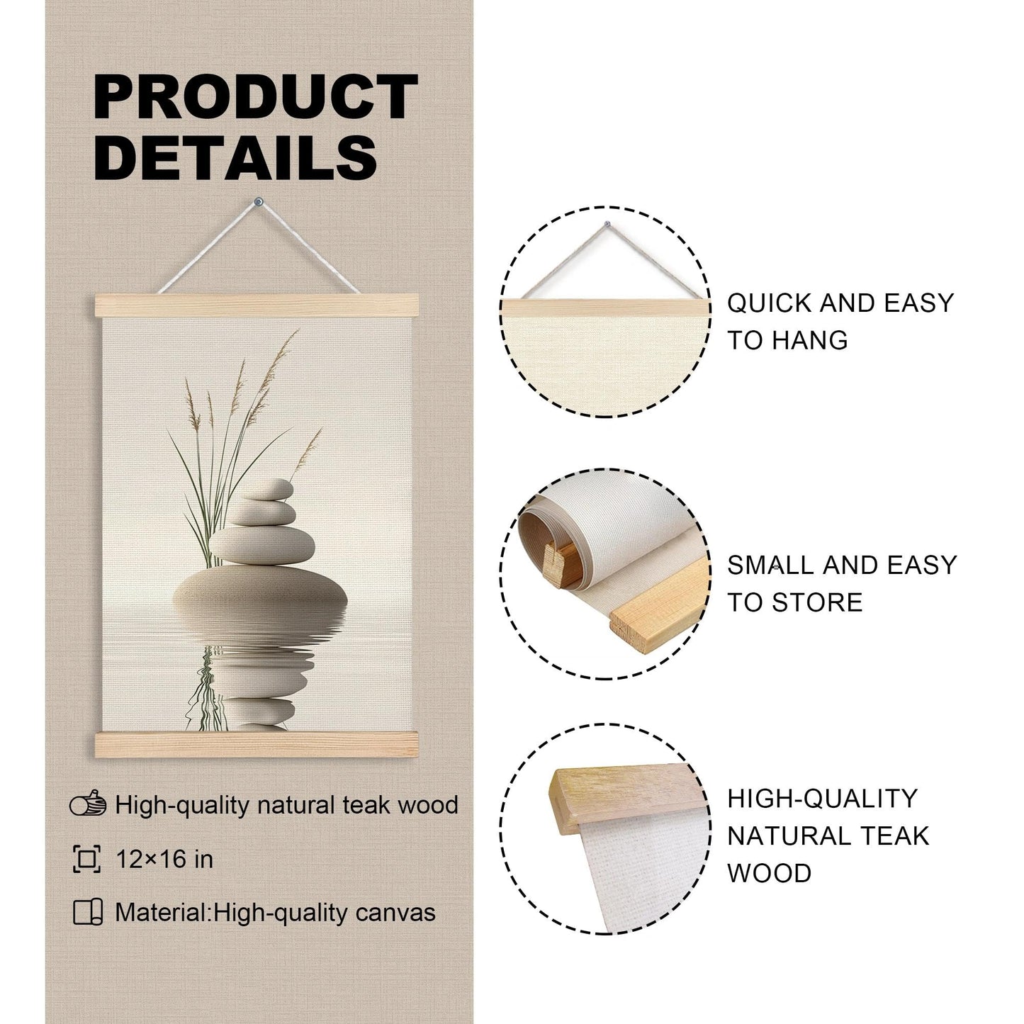 MVLJG Zen Stone Spa Yoga Wall Art Poster, Tranquil Stones in Water Wild Grass Canvas Prints Hanging Wall Decor for Spa Yoga Meditation Room Bathroom, 12x16 Inches