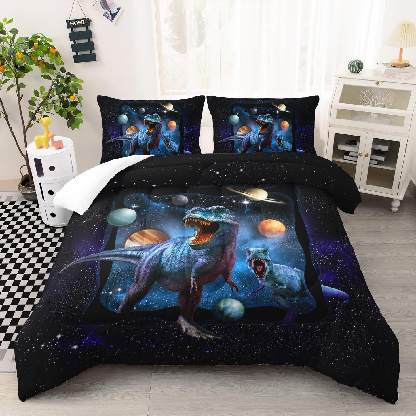 AILONEN Space Galaxy Dinosaur Bedding Set, Purple Dreamy Nebula Dinosaur Twin Size Bedding Sets for Boys Girls,Dino Roar Planet Pattern Soft Breathable Quilt Set 3Pcs(1 Comforter + 2 Pillowcase)