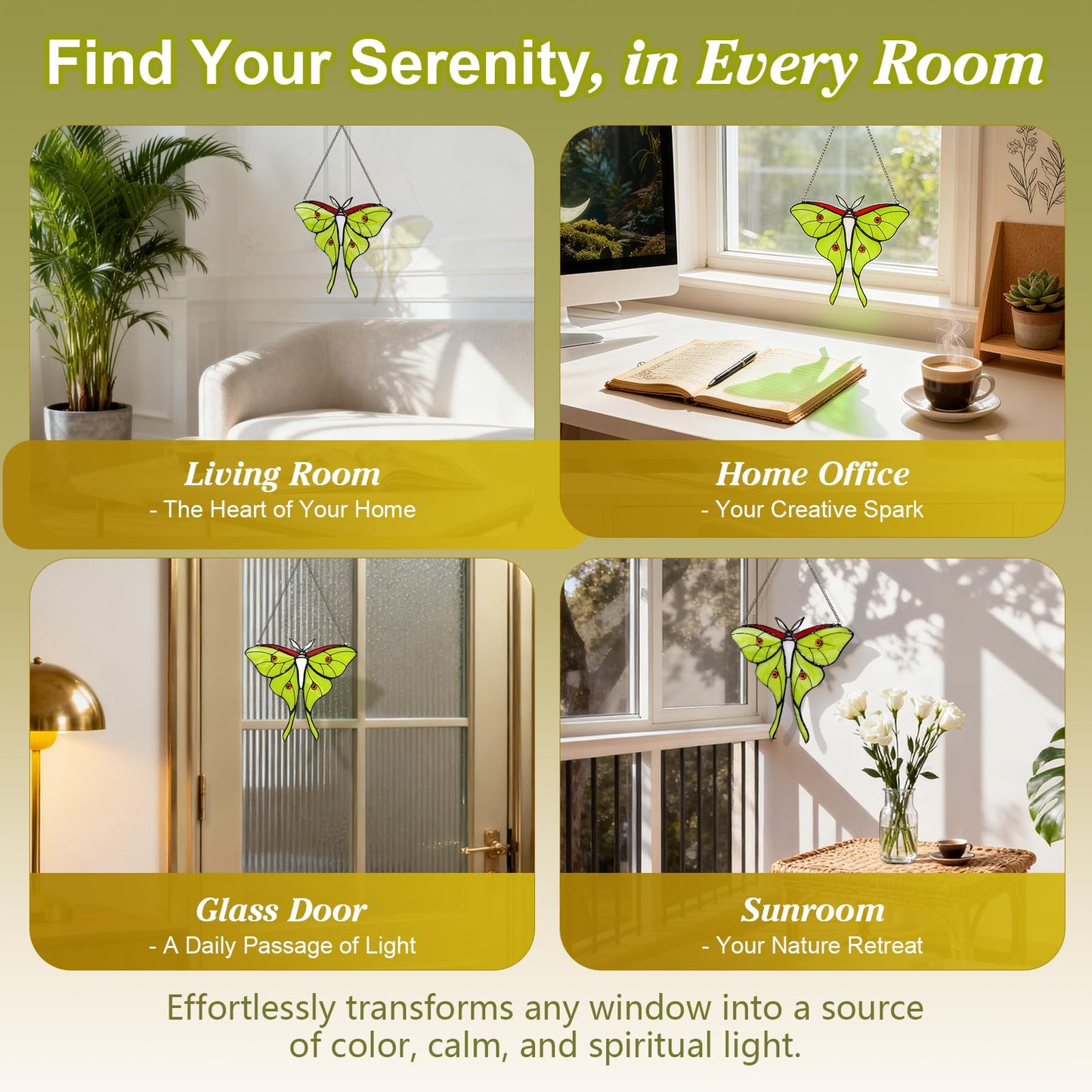 Luna Moth Stained Glass Window Hanging - Handmade Real Glass Suncatcher for Meditation Room, Spiritual Decor, Sun Catcher for Windows, Vibrant Gift for Women & Mom, 7.3 Inch Green Glass Art