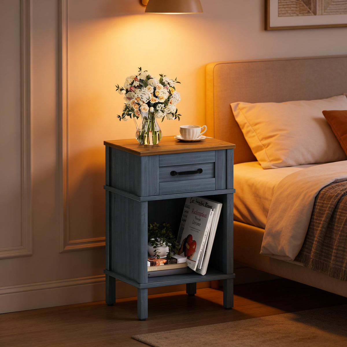 YAUKTAK Small Farmhouse Nightstand, Wood Night Stand Set, End Table with Drawer, Small Rustic Wooden Bedside Table, Bed Side Table for Bedroom, Blue end Table with Storage for Bedroom LET512LR