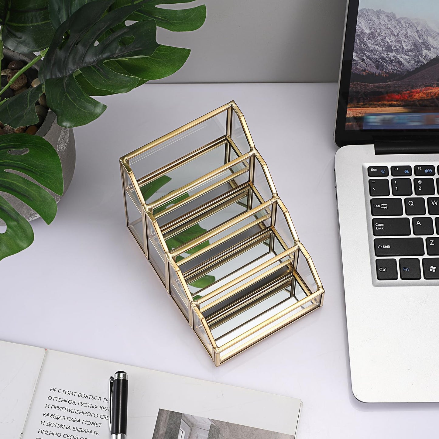 Hipiwe 4 Slots Glass Business Card Holder for Desktop, Gold Mirrored Business Card Display Stand, Multiple Clear Business Name Card Organizer Holder for Office Exhibition