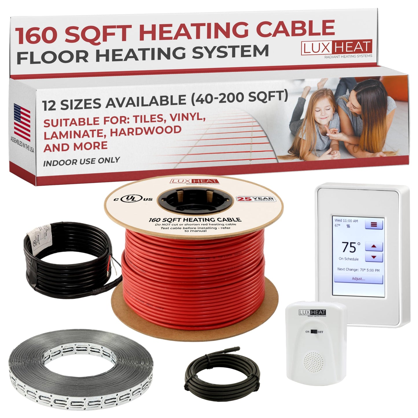 LuxHeat 160sqft Floor Heating Cable Kit - 240v Under Tile Floor Heater Kit - Heated Flooring System Includes UDG4 Programmable Thermostat w/GFCI, Heating Cable, Strapping, Flooring Sensor & Alarm