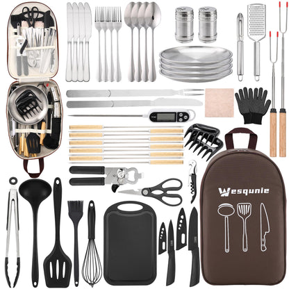 Camping Essentials Cookware Cooking Utensils Set - Portable Camp Kitchen Mess Kit Outdoor Accessories, Stainless Steel & Silicone, Camping Gear Equipment for RV Picnic Grill,Brown Pro