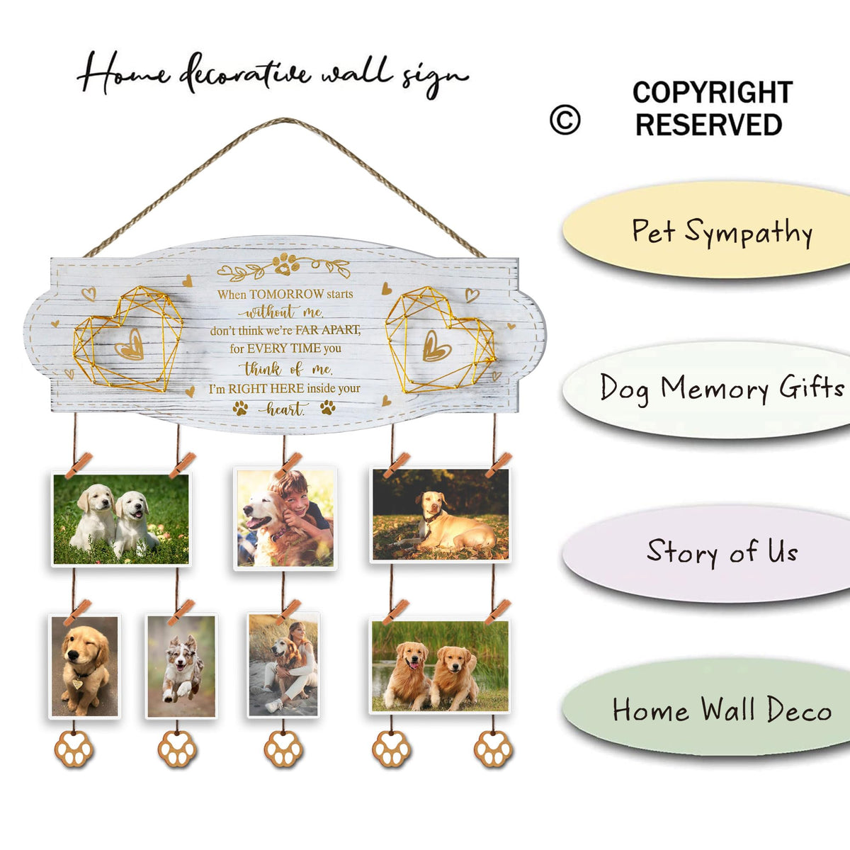 EXQUIDECA White Golden Memorial Picture Collage Board with Clips Twine and Paw Pendant - Bereavement Sympathy Grieving Gifts for Loss of Dog - House Wall decor for Dog Lover