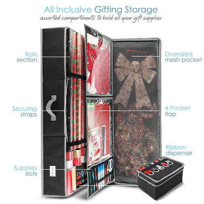 Hearth & Harbor Wrapping Paper Storage Container with Ribbon Storage Organizer - Christmas Storage Bag with Extra Interior Pockets - Gift Wrapping Organizer Storage Fits Up to 26 Rolls of 40" Length