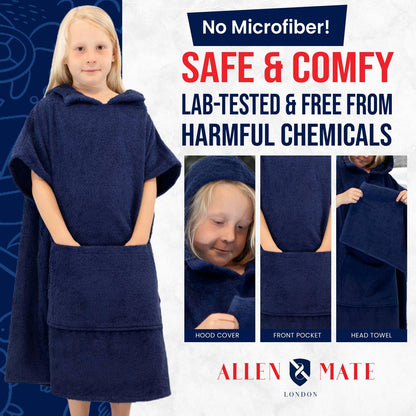 ALLEN & MATE 100% COTTON Kids Hooded Towel Poncho - 380 GSM, Safety Certified | Oversized Changing Robe for Boys & Girls