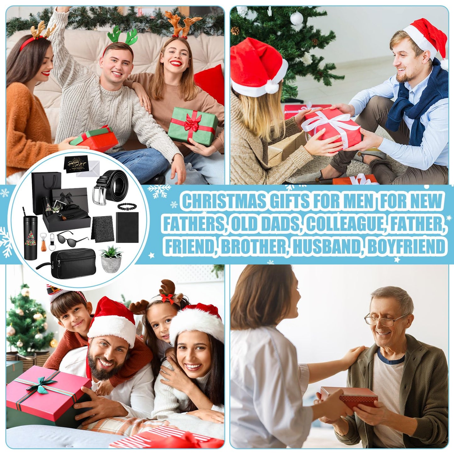 Skylety 12 Pcs Father Gift Basket for Men Birthday Gift Set 16 oz Tumbler Wallet Toiletry Bag Notebook Belt Thank You Present for Him Dad Husband Brother(Christmas Tree)