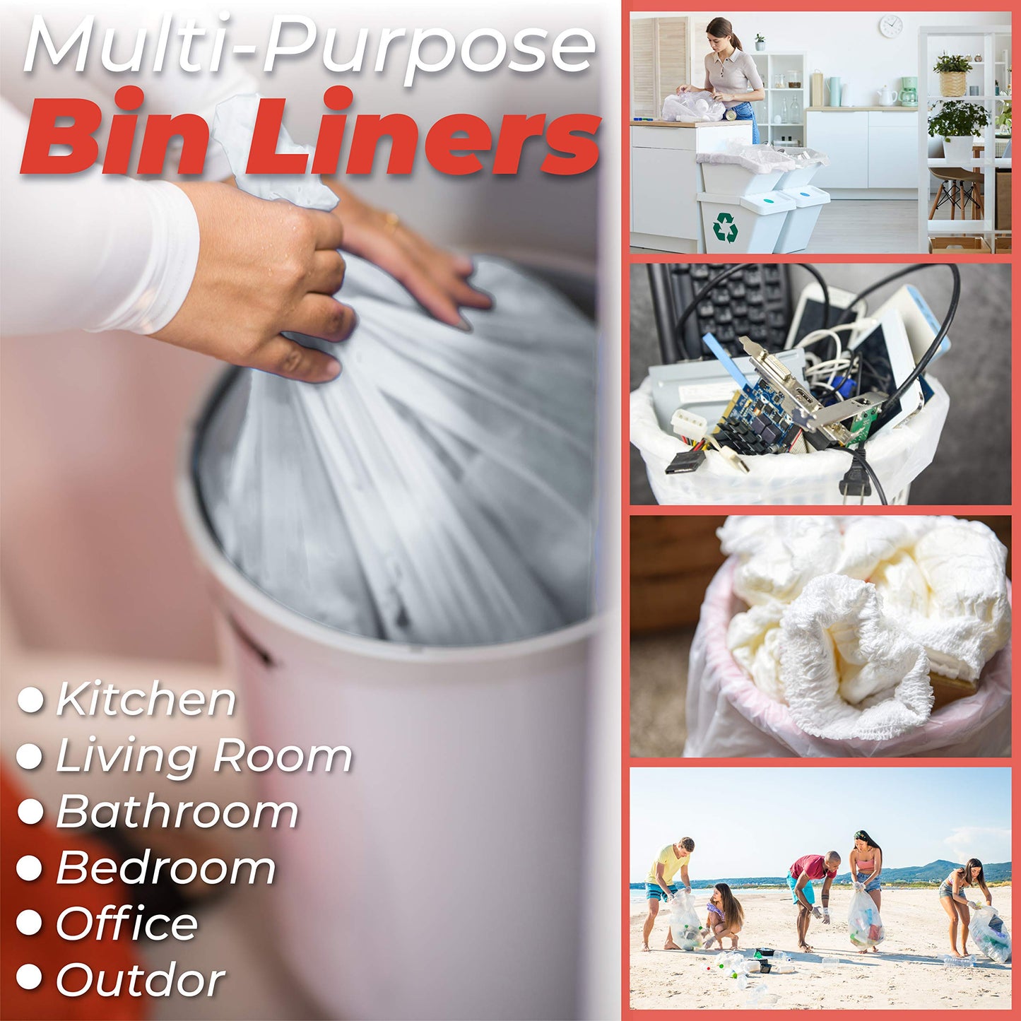 Abbey Pack of 100 Clear Plastic Recycling Bin Bags 90L – Transparent Recycling Bags for Kitchen, Bathroom, Bedroom, Office – Polythene Bin Liners bags –Clear Refuse Sacks 18 x 29 x 39 Inch – 64 Gauge