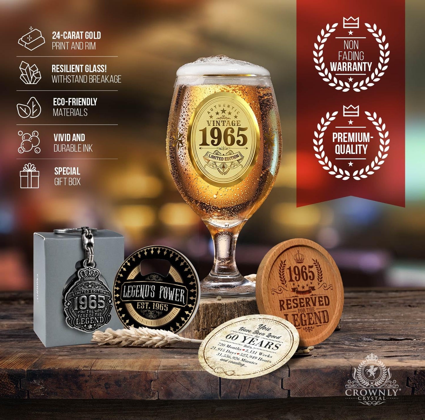 CROWNLY CRYSTAL® 1965 60th Birthday Gifts for Men Personalised Beer Glasses Decorations Gifts for Him Presents Husband Gift Ideas