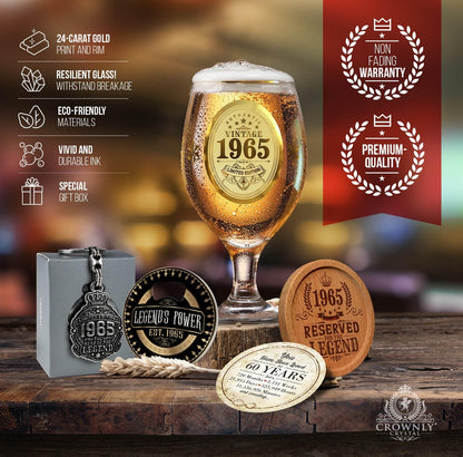 CROWNLY CRYSTAL® 1965 60th Birthday Gifts for Men Personalised Beer Glasses Decorations Gifts for Him Presents Husband Gift Ideas