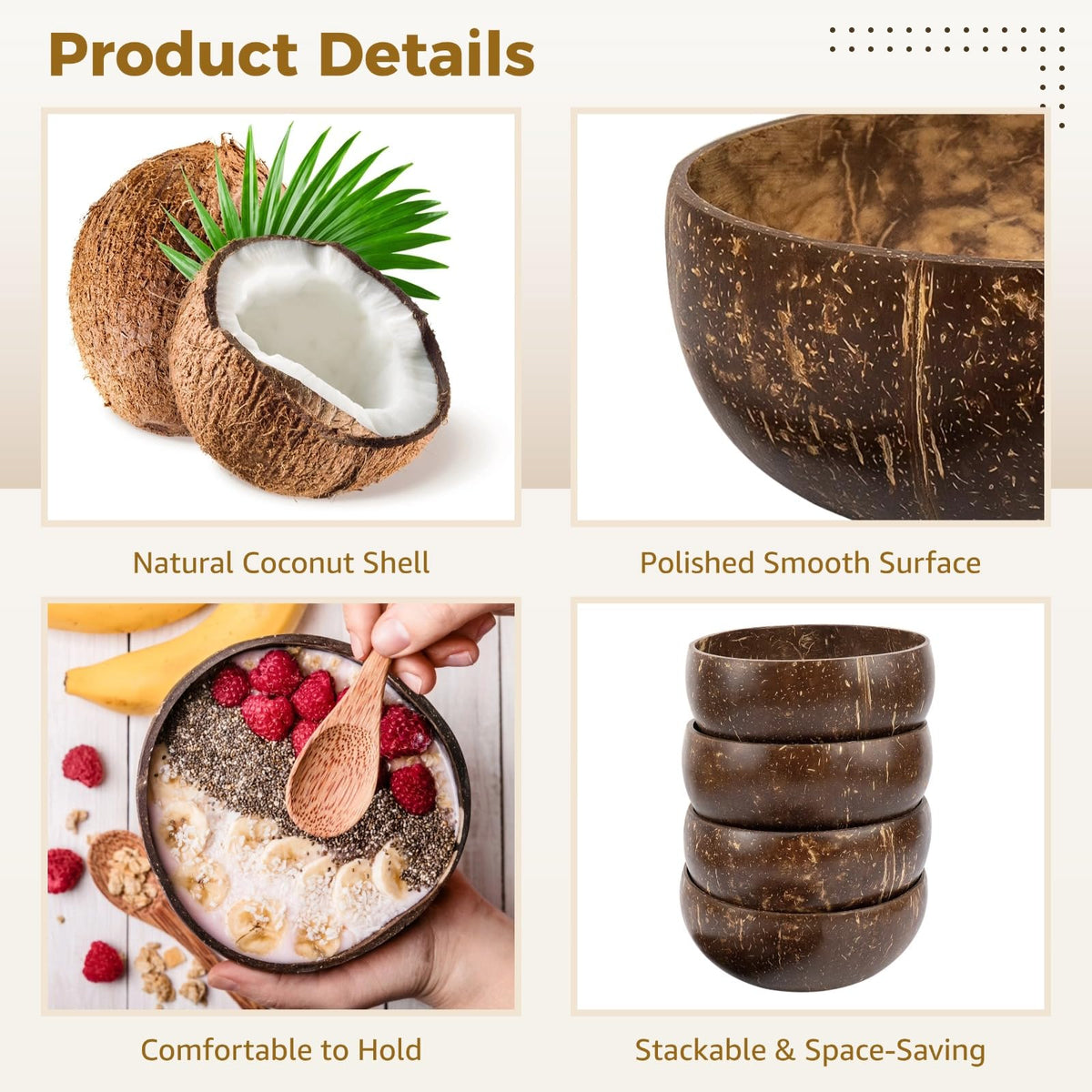 OMISTAR 14 PCS Coconut Shell Bowls, Small Polished Wooden Bowl, Natural Coconut Shell Bowls for Smoothie, Acai, Salad, Snacks, Vegan Presents, Kitchen Decor, Picnic, Theme Party Dining (14PCS)
