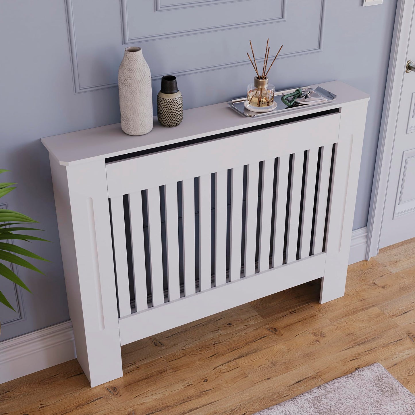 Vida Designs Chelsea Radiator Cover With Modern Slats White Decorative Heater Cover with Shelf, Medium, (H: 82 / W: 112 / D: 19 cm)