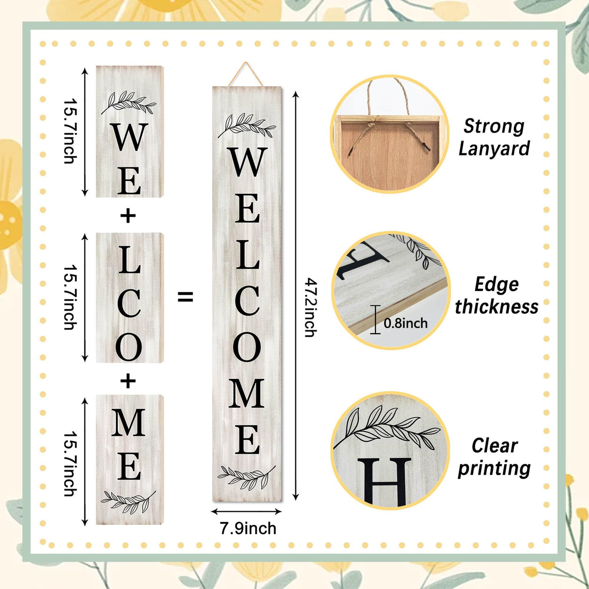 Welcome Sign for Front Porch Standing - Wooden Vertical Hanging Farmhouse Decor With Leaves for Front Door and Home Decorations 47.2"H