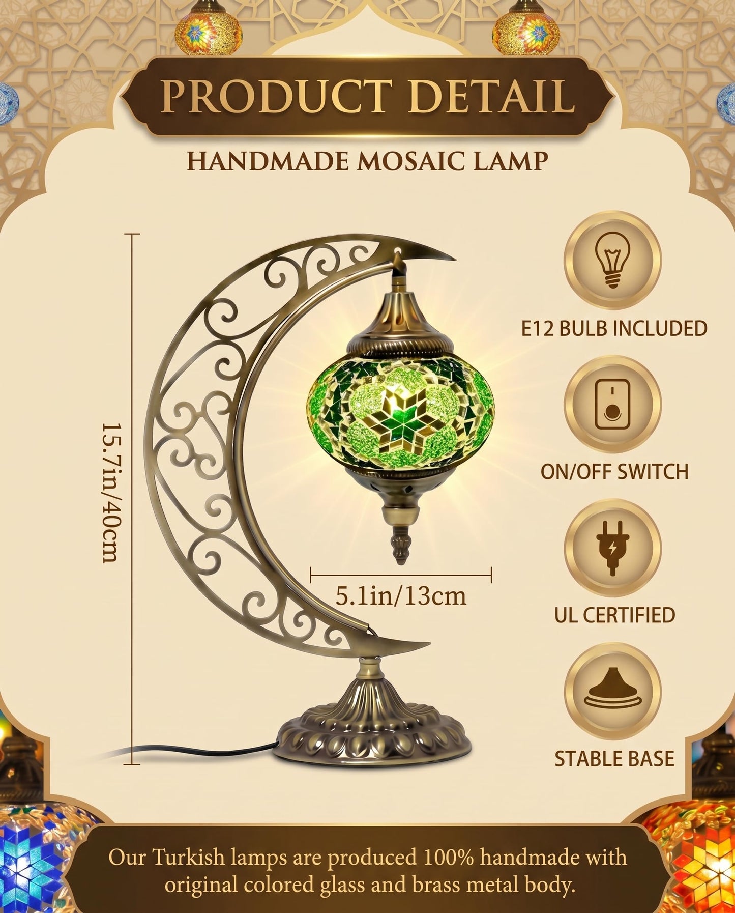 Baquler Turkish Mosaic Moon Lamp - Handmade Stained Glass Table Lamp with Metal Crescent Base, Bohemian Moroccan Bedside Night Light for Bedroom Living Room Decor, Unique Gift(Green)