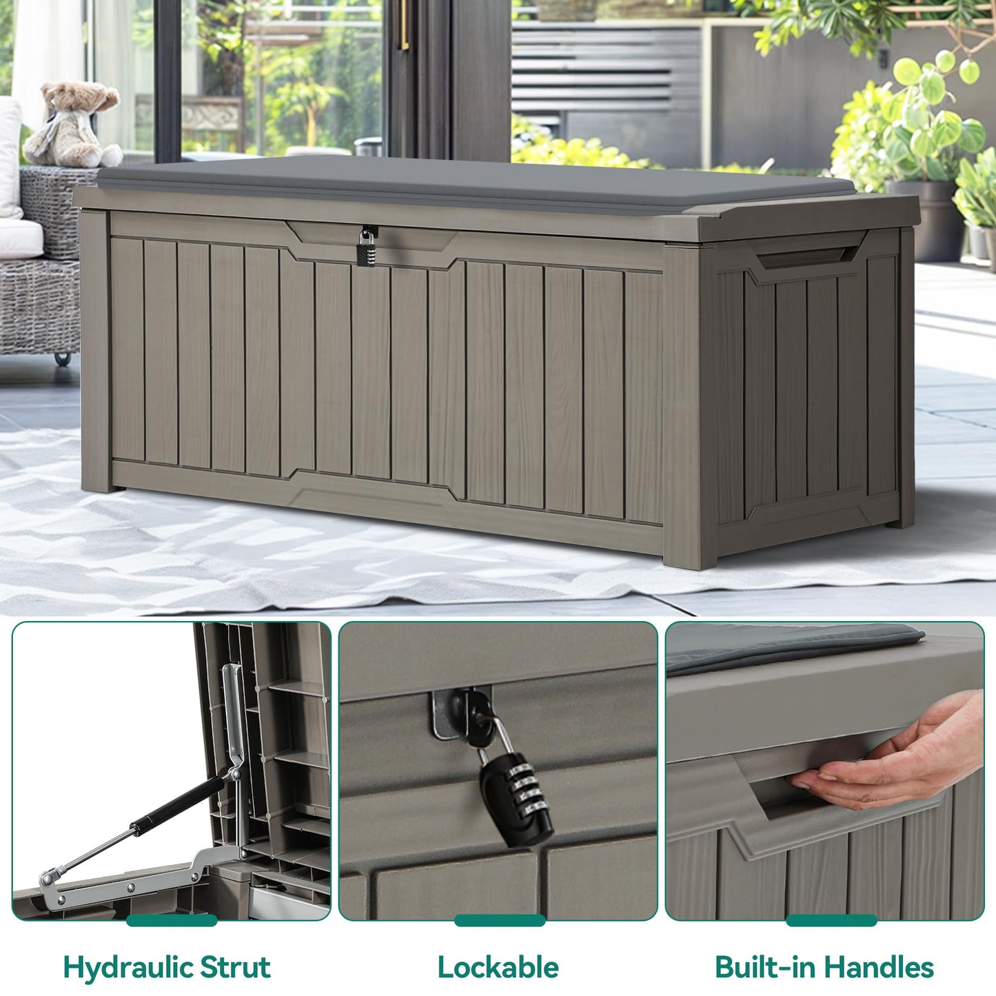 YITAHOME Outdoor Storage Box with Cushion, 120 Gallon Waterproof Deck Box for Garden Tools, Patio Cushions, and Pool Accessories, Lockable, Easy Assembly, Versatile Bench or Table (Light Brown)