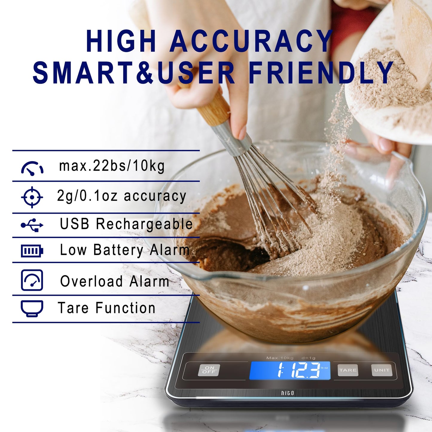 hito Food Scale 22lb Digital Kitchen Scale Rechargeable Waterproof Weight Grams and oz 1g/0.1oz Precise, for Weight Loss, Cooking and Baking, Black