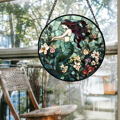 JOSUMALY Stained Glass Window Hanging - Teal Sleeping Mermaid Suncatcher for Door Terrace Garden Home Decor, Sea of Flowers Sun Catcher Birthday Gifts for Lovers Women Men Dad Mom Nana 7.8 in
