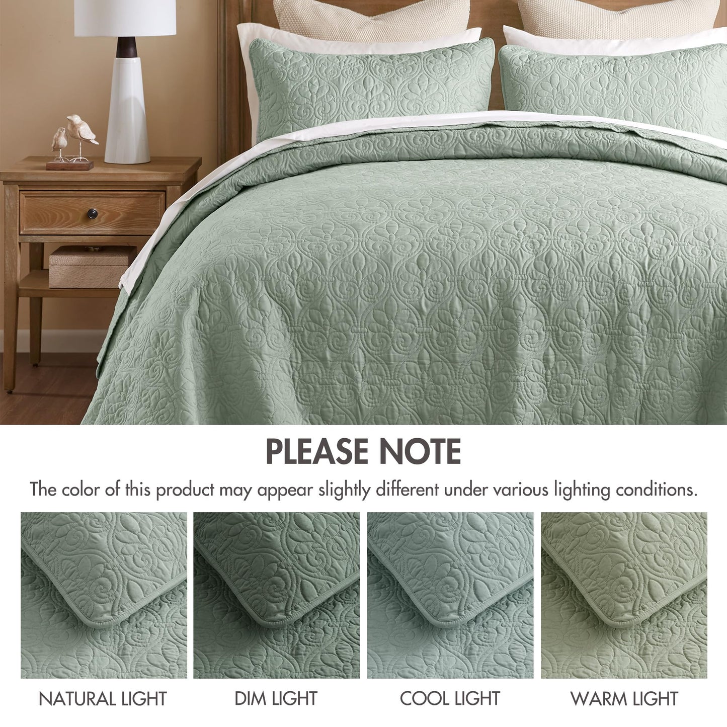 Madison Park Quebec Reversible Quilt Set Damask Design, Double Sided Stitching All Season, Lightweight Bedspread Bedding Set, Matching Sham, Seafoam, Full(96"x110") 3 Piece